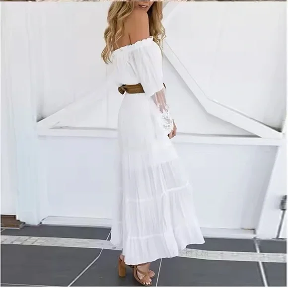 Elegant White Off-Shoulder Dress white boho dress - Picture 2 of 8